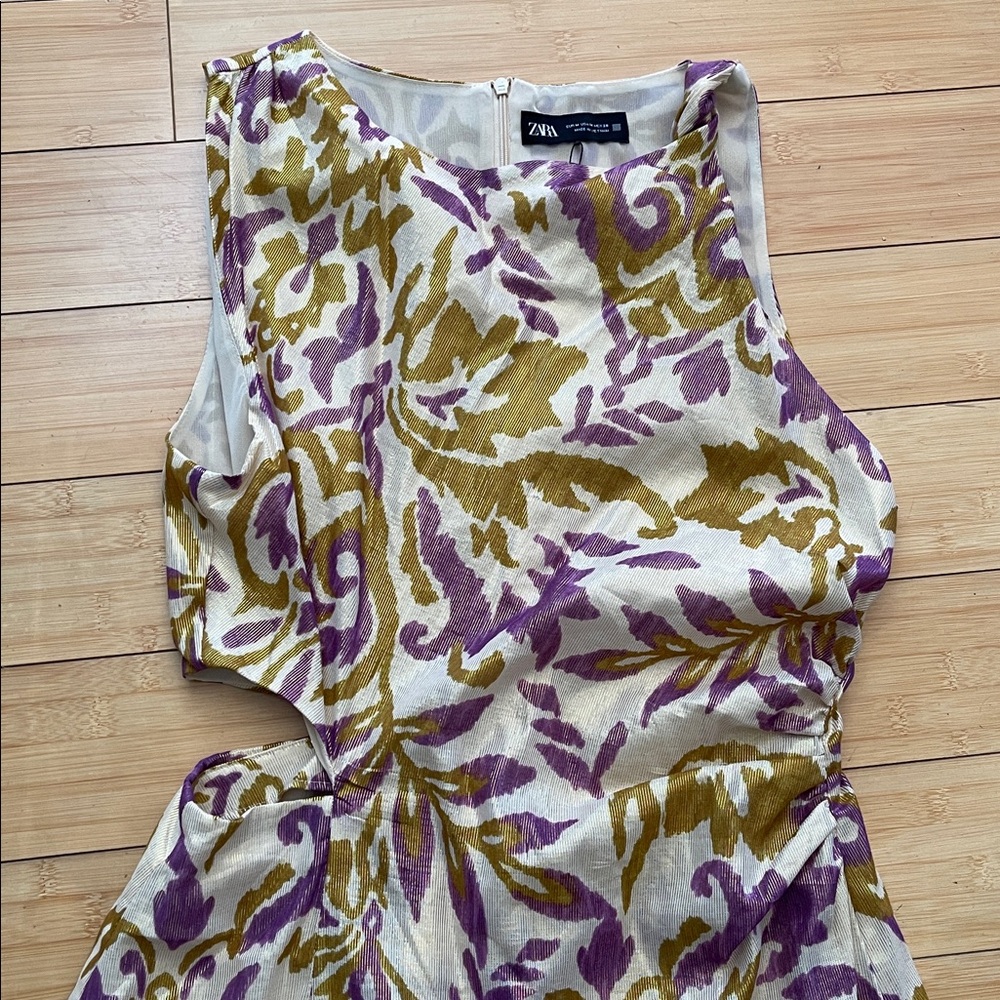 Zara Women Purple and Gold Midi Dress Half Lined Cut Out Waist Med NWT Metallic - Picture 3 of 16